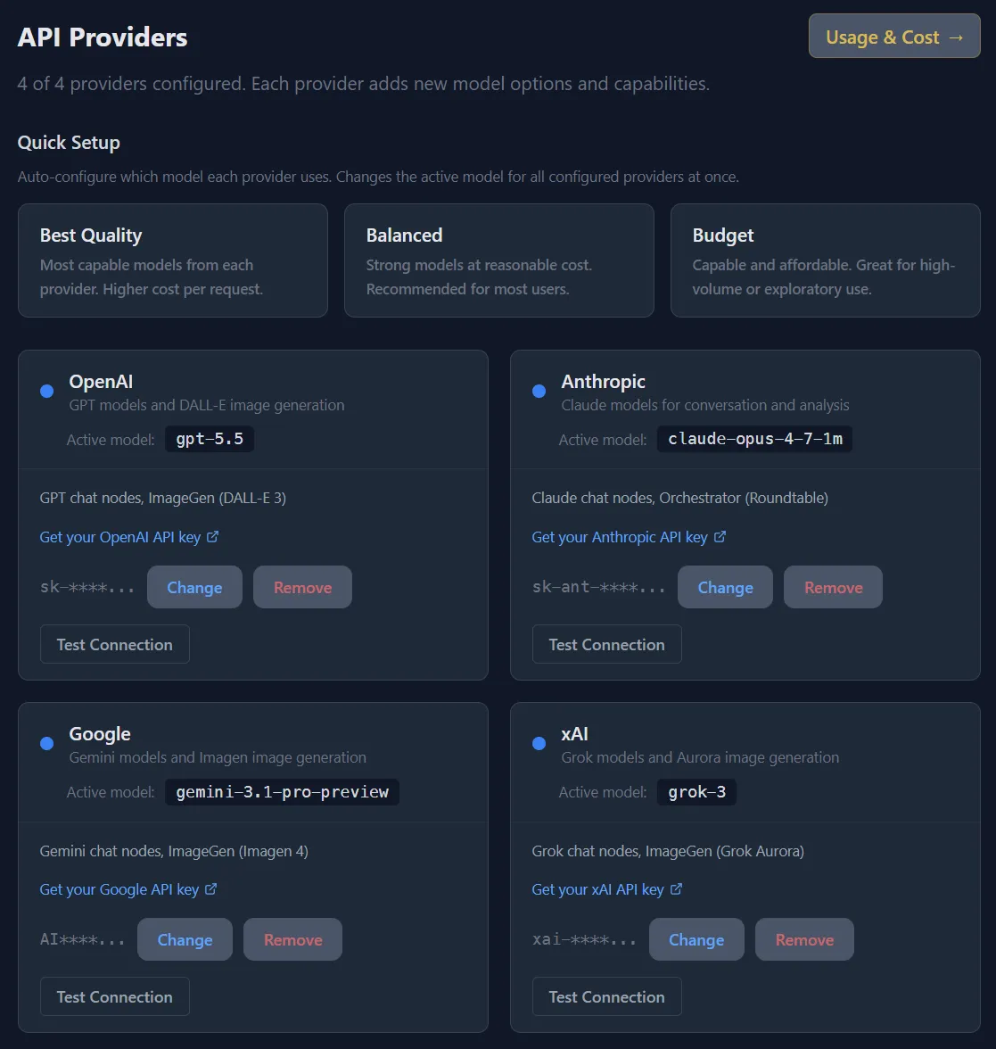 Memorandai's API Providers settings screen showing four provider cards in a 2-by-2 grid (OpenAI, Anthropic, Google, xAI), each with the provider's active model name (gpt-5.5, claude-opus-4-7-1m, gemini-3.1-pro-preview, grok-3), the canvas features it powers (chat nodes plus the relevant image-generation provider), a 'Get your API key' link, a masked key preview, and Change/Remove/Test Connection controls. Above the grid: a Quick Setup row with three preset cards (Best Quality, Balanced, Budget) for auto-configuring all providers at once. A 'Usage & Cost' link sits in the top right; the page header reads '4 of 4 providers configured.'