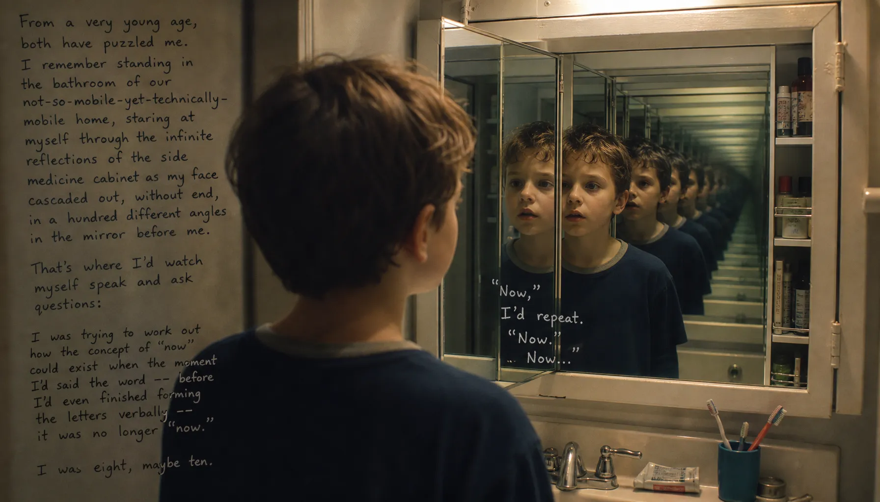 An illustration of a young boy at a bathroom medicine-cabinet mirror, his face cascading into infinite repeating reflections down the angled panel, with handwritten passages from the essay's opening overlaid.