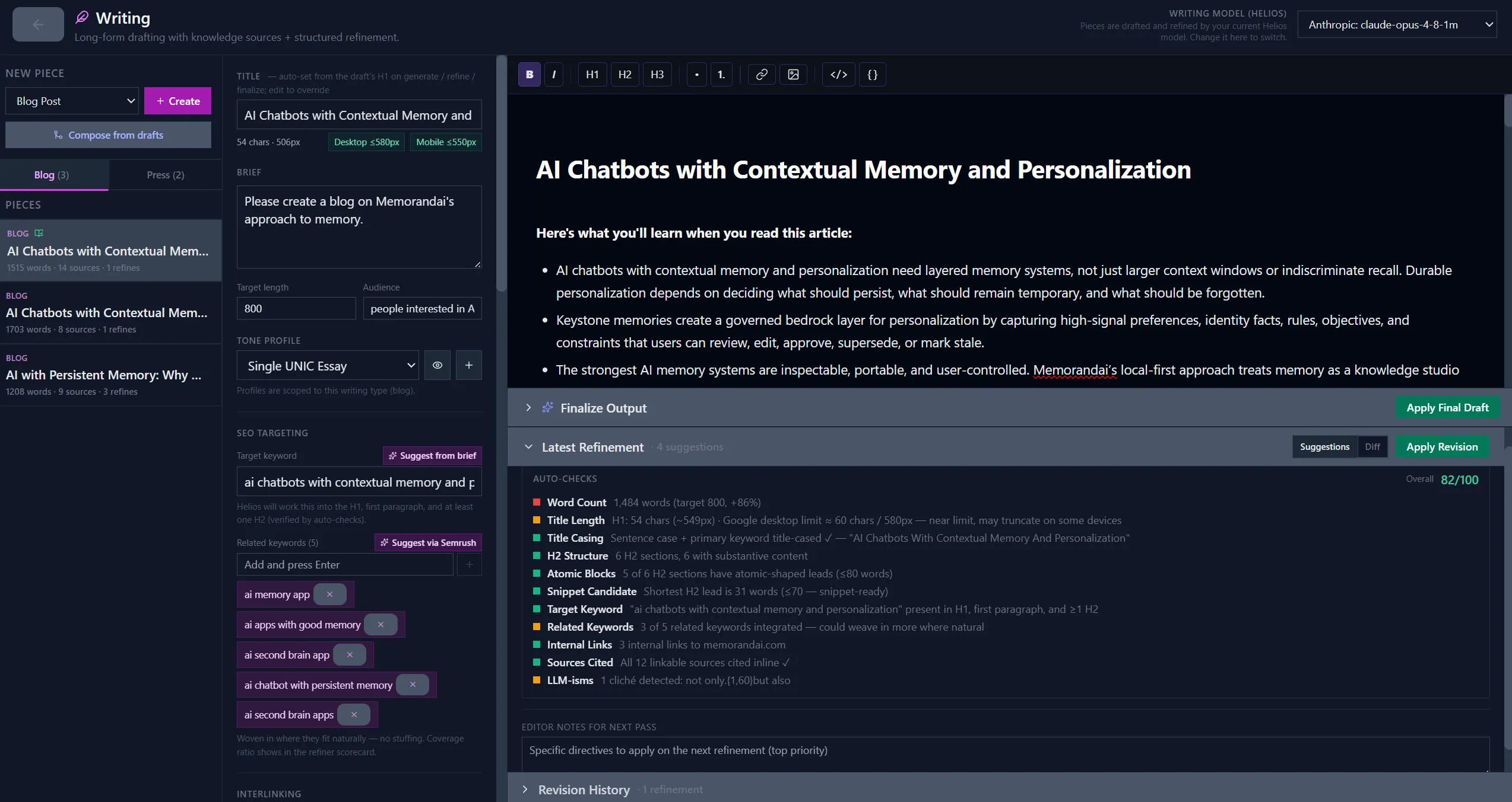 Memorandai's Writing tool with a blog piece, 'AI Chatbots with Contextual Memory and Personalization,' open. The left rail holds the brief ('Please create a blog on Memorandai's approach to memory'), a selected tone profile (Single UNIC Essay), a target-audience field, and a checklist of sources. The center pane shows the drafted blog with its H1 and a 'Here's what you'll learn' intro of bullet points. Below the draft, a Finalize Output bar sits above the Latest Refinement panel and an auto-check scorecard rating the draft 82/100 across checks like Word Count, Title Length, H2 Structure, and Sources Cited, with a Revision History list beneath.