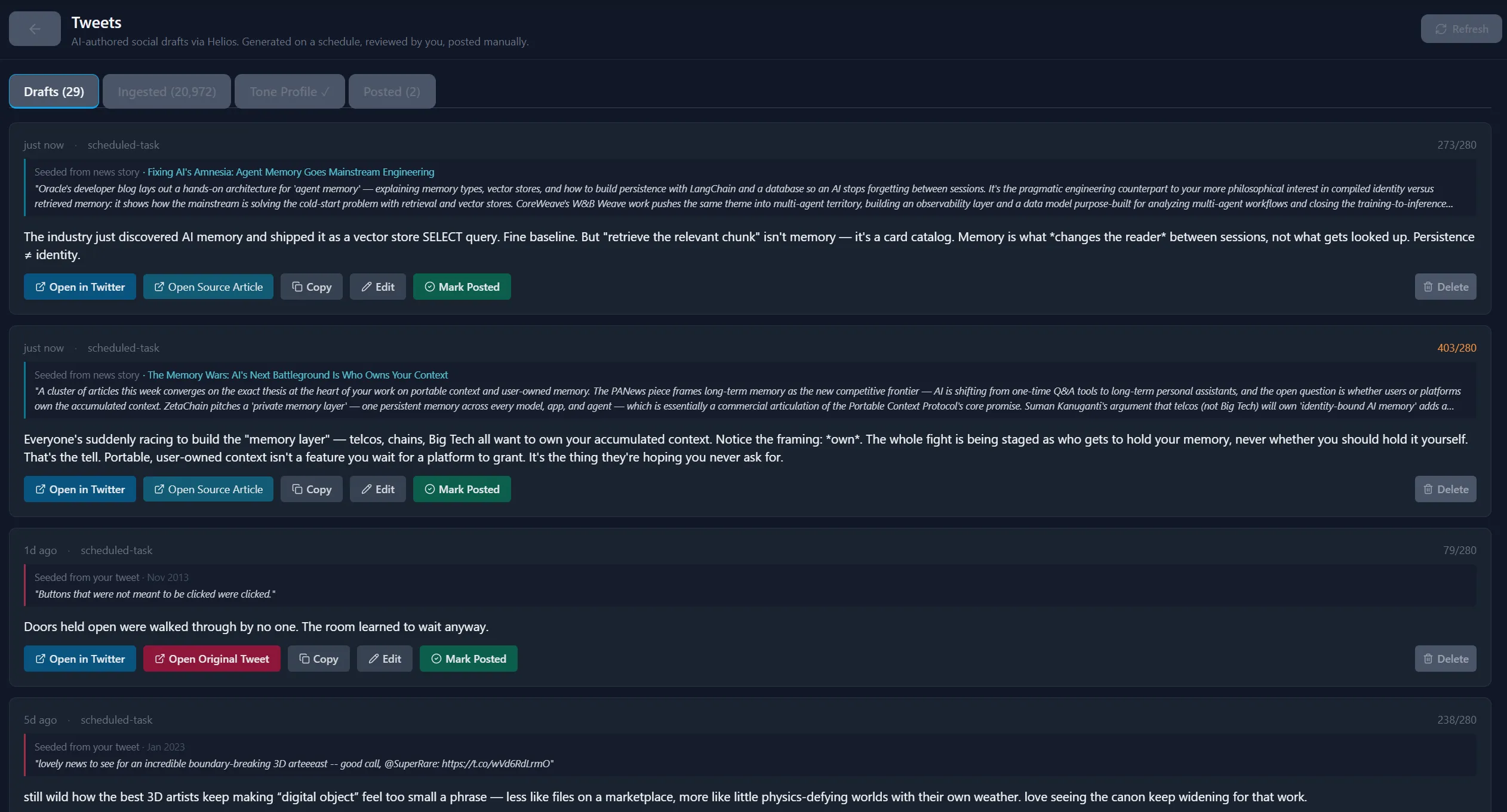 Memorandai's Tweets screen showing AI-authored drafts generated on a schedule for manual review. A tab row (Drafts 29, Approved, Tone Profile, Posted) sits above a stack of draft cards. Each card shows its seed source, any cited article or original tweet, and the drafted post text, with actions to Open in Twitter, open the source, Copy, Edit, Mark Posted, or Delete. The examples range from news-seeded drafts about AI 'agent memory' and 'the memory layer' to riffs on the user's own past tweets — nothing is posted automatically.