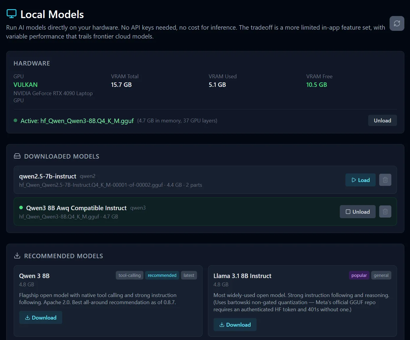 Memorandai's Local Models screen with three sections stacked vertically. The Hardware panel at the top shows the detected GPU (NVIDIA GeForce RTX 4090 Laptop GPU running on the Vulkan backend), VRAM totals (15.7 GB total, 5.1 GB used, 10.5 GB free), and the currently active model (Qwen3 8B, 4.7 GB in memory, 37 GPU layers) with an Unload button. The Downloaded Models panel below lists two installed GGUF models with Load/Unload and delete controls per model. The Recommended Models panel at the bottom shows curated download cards for Qwen 3 8B (tagged tool-calling, recommended, and latest) and Llama 3.1 8B Instruct (tagged popular and general), each card showing model size, a one-paragraph description, and a Download button.