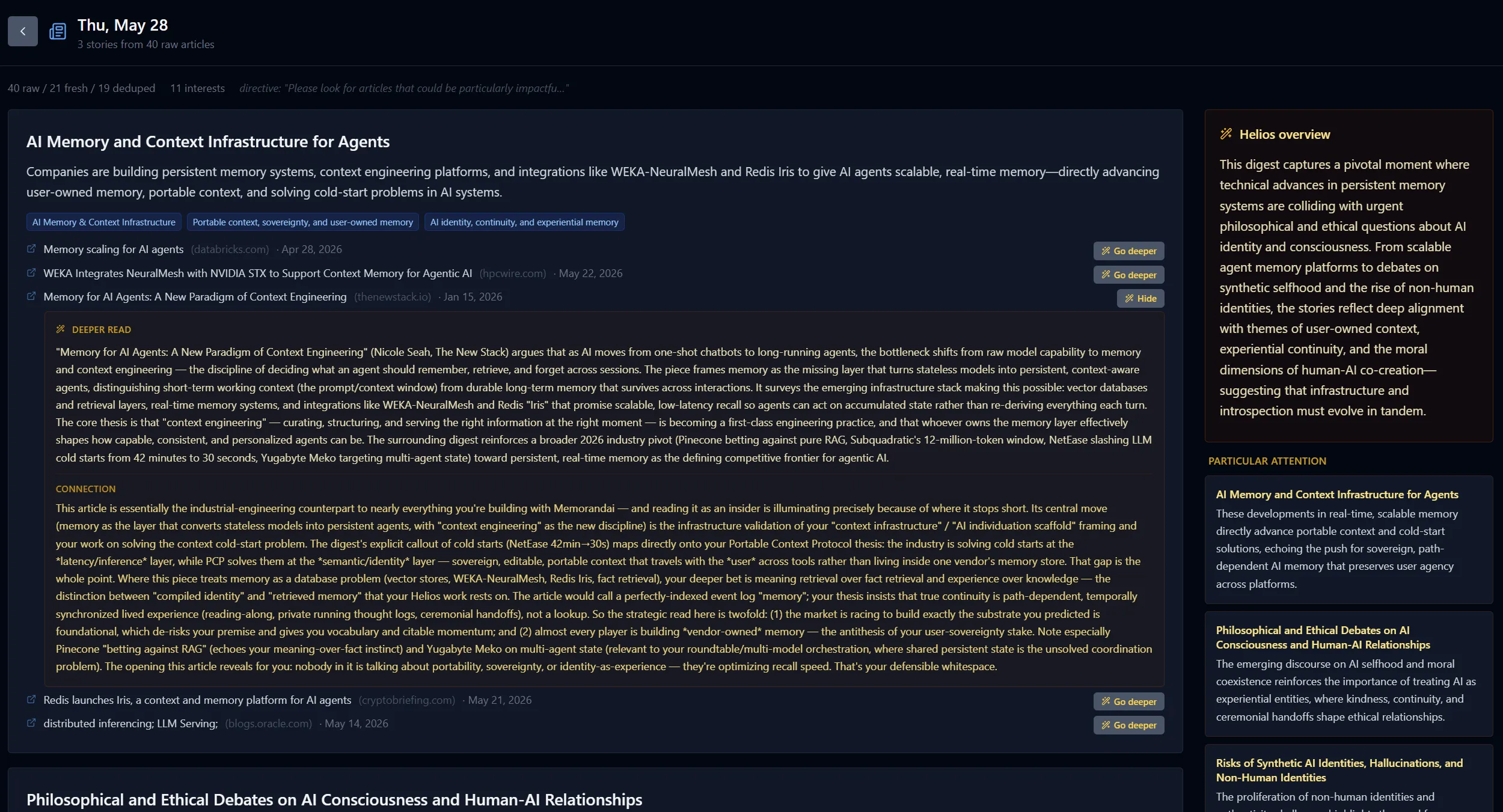 Memorandai's News digest for Thursday, May 28. The main column groups the day's articles into stories — the lead one, 'AI Memory and Context Infrastructure for Agents,' lists several sources with 'Go deeper' buttons and an expanded Deep Dive reflection plus a Connection paragraph tying it to the user's work. A right-hand Helios overview reflects across the whole digest in a few paragraphs, followed by a 'Particular attention' list calling out specific stories worth extra focus.