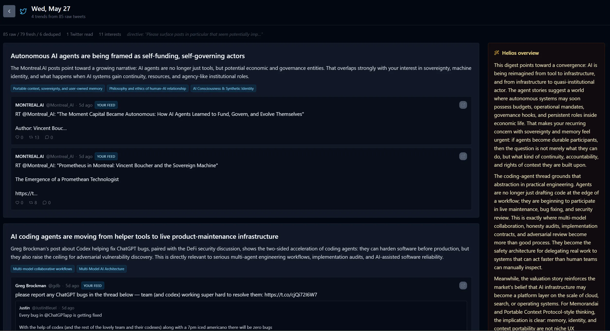 Memorandai's Twitter Trends digest for Wednesday, May 27. The main column groups tweets into themed trends — 'Autonomous AI agents are being framed as self-funding, self-governing actors' and 'AI coding agents are moving from helper tools to live product-maintenance infrastructure' — each with a short framing, the related interests it matched, and the underlying posts (author, text, engagement, and view-post links). A right-hand Helios overview reflects across the week's trends in a few paragraphs.