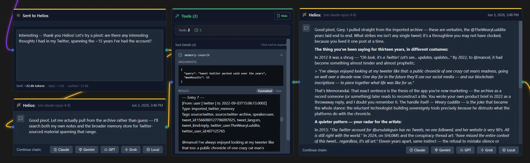 A Flows Canvas view in Memorandai showing this very post being written: a prompt node sent to Helios, a Tools node where Helios runs a memory search with the retrieved archive entries shown verbatim in the result, and Helios response nodes containing draft passages from this essay.